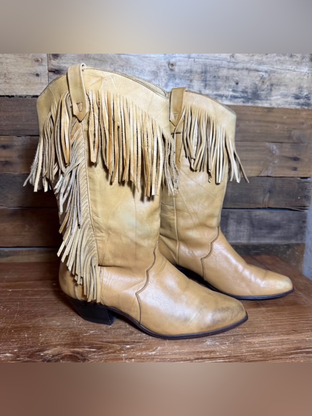 VTG Dingo Boots Western Cowboy Leather Fringe Tan Boho Women's 9.